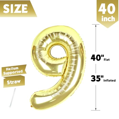 Image of 40 Inch Light Gold Number 9 Balloon, Champagne Birthday Party Decorations