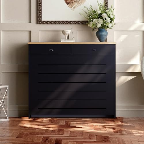 DuraTherm® Radiator Cover Black Painted MDF Cabinet Horizontal Slat Storage Drawers & Shelf, Radiator Cabinets for Office Hallway Living Room Bedroom, Medium (H: 111.5cm / W: 96cm / D: 19cm)
