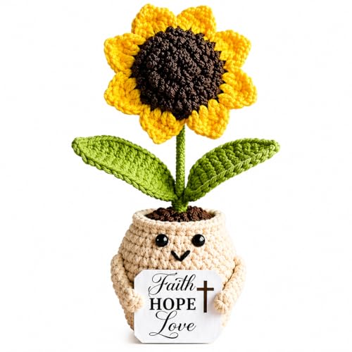 Rigufu Crochet Sunflower Faith Hope Love Gift, Handmade Christian Desk Decor, Inspirational Knitted Plant, Cute Small Gift for Mom Women Men, Religious Encouragement Keepsake