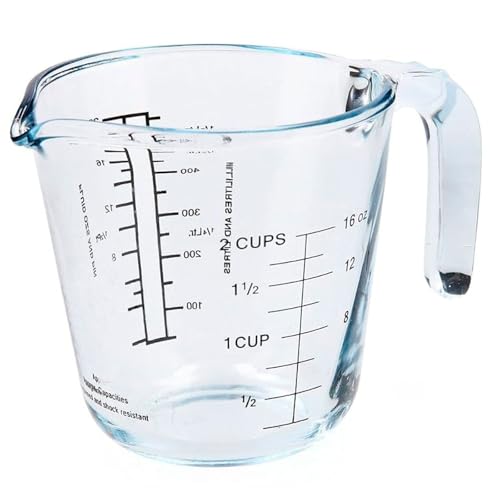 Tradineur - Jarra de vidrio medidora de 500 ml, diferentes tipos de medidas, 12 x 12 x 16 cm, vaso medidor con asa válido para microondas, horno y congelador