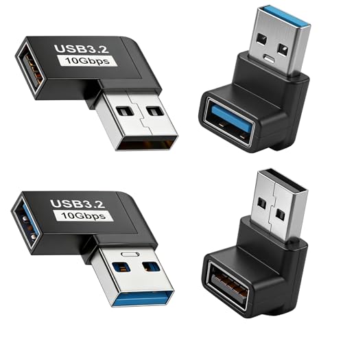 Leloco 4 Stück USB Winkelstecker 90 Grad USB 3.2 Winkeladapter Stecker Auf Buchse Seitenwinkel und Rechtwinkliger 10 Gbps 5V/3A Schnellladung und Datenübertragung