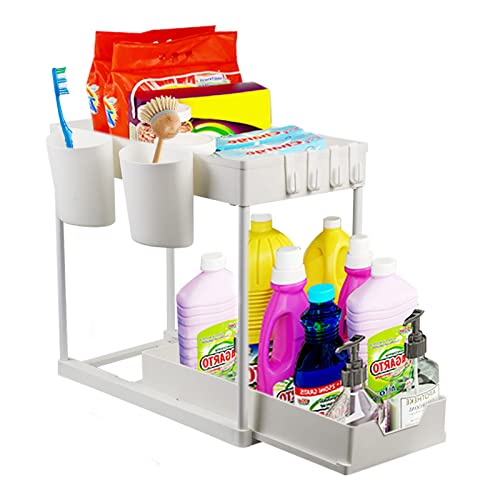 Flymer Étagère sous Évier Rack Organisateur, 2 Étages Étagère Rangement Cuisine Organiseur de Comptoir de Salle de Bain pour Rangement de Cuisine Salle de Bain L’Évier Balcon - 40 x 22 x 33 Cm(Blanc) Cover