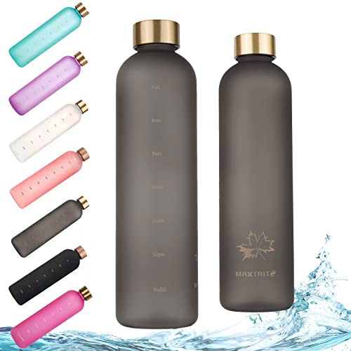 32oz Daily Water Bottle with Time Marker,Reusable Plastic BPA Free Water Jug,1 Liter Frosted Drinking Bottle for Office,Home,School,Travel,Gym and Outdoor Sports(32oz/1000ml,Gray/with Maple Leaf)