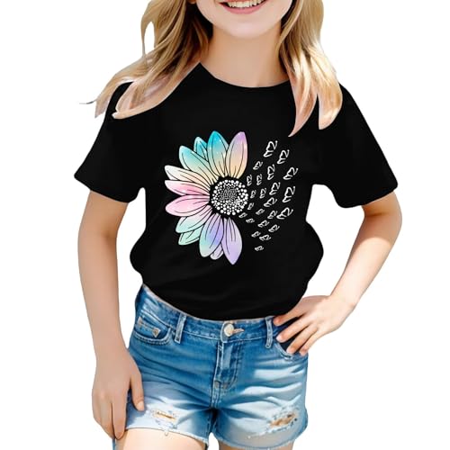 Girls Loose Fit Sunflower Graphic T Shirts Short Sleeve Crewneck Cute Pattern Printed Tops Kids (A-Black, 6-7 Years)3