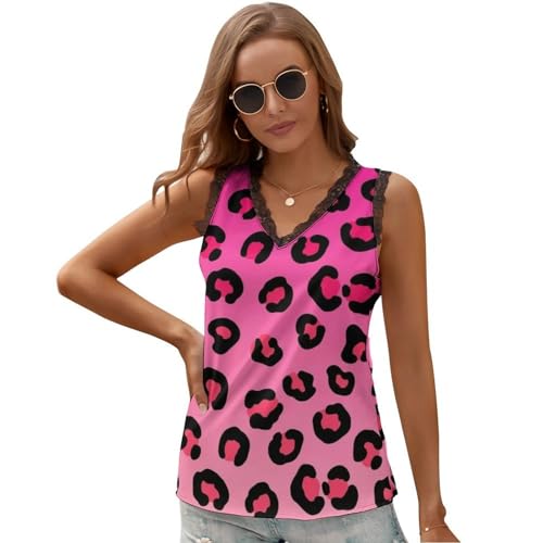 Summer Sleeveless Tops for Women, Sexy V Neck Blouses Casual Loose Tank Top with Lace Trim for Party, Travel, Sports, Gym, Cheetah Leopard Blush Pink, (XL)