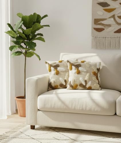 Image of Furnistitchs Premium Decorative Throw Cushion Pillow Cover Boho Home Decor - Living Room Bedroom Couch Sofa Cushion Covers 16 inch x 16 inch (2, Cream Leaves)