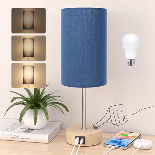 STANBOW Bedside Lamps, Touch Lamps Bedside with USB A+C Charging Ports, 3-Way Dimmable LED, Table Lamps for Living Room Bedroom Gift with Blue Shade-Wood Base (LED Bulb Included) (Blue)