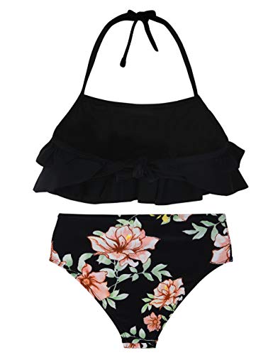 Hilor Girl's Bikini Set Crop Flounce Two Piece Swimsuits Kids Haler Bathing Suits Black Floral 9-10 Years #TOP1