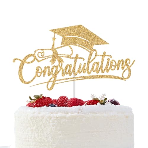 Congratulations Cake Topper, Congrats Grad Decorations, 2026 Graduation Cake Topper, High School College Senior Graduation Celebration Party Decorations (Gold Glitter)