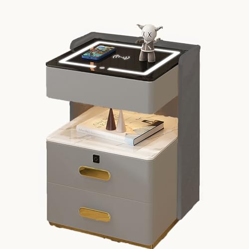 HJYBFA Mesita de Noche Inteligente con Carga inalámbrica y Luces LED, Moderna Cubierta de Vidrio Templado Dormitorio, Almacenamiento Abierto