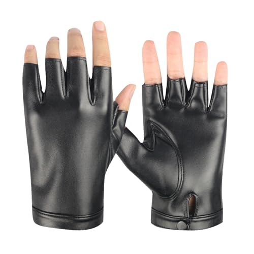 Long Keeper Lederhandschuhe Fingerlose für Herren Damen Ungefüttert Schwarze Halbfinger Handschuhe Leder Punk Costume für Autofahrer Fahren Cosplay Outdoor