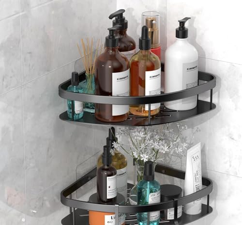 Image of Boniry 2 Pcs Bathroom Accessories Aluminium Heavy Duty Self Adhesive Bathroom Corner Shelf for Wall, Multipurpose Wall Mounted Bathroom Organiser, Washroom Organizer (Black)