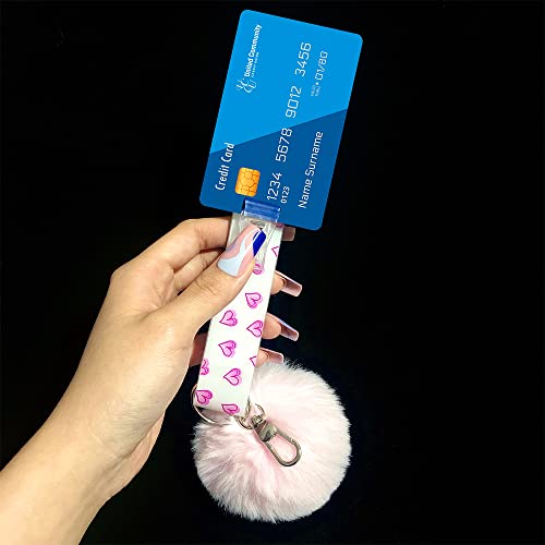 Card Grabber Keychain Pom Pom Ball for Long False Nails Pulling from ATM Credit Card Clip Puller (XL-PVC, Pink Love Heart)