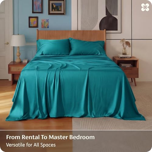 Image of Bedsure California King Sheet Sets, Cooling Sheets, Rayon Derived from Bamboo, PureWoven, Breathable & Soft, Deep Pocket Up to 16 Inches, Hotel Luxury Silky Bedding for Hot Sleepers, Turquoise