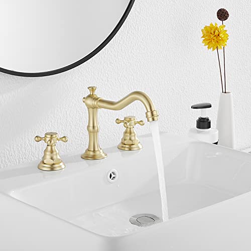 Brushed Gold Bathroom Faucet GGStudy 2 Handles 3 Holes Widespread Bathroom Sink Facuet Farmhouse Washingroom Faucet Mixer Tap