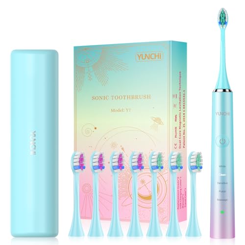 YUNCHI Cepillo de dientes eléctrico, cepillo de dientes sónico para adultos y niños - USB-C recargable, 5 modos de limpieza con función de memoria inteligente, 8 cabezales de cepillo y estuche de