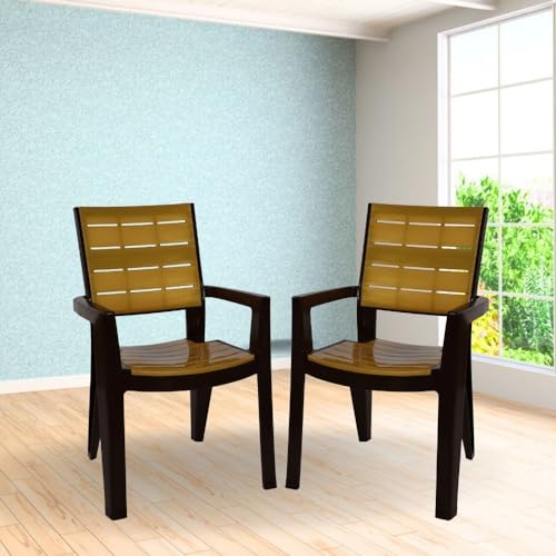Image of ITALICA Designer Series Comfortable Plastic Arm Chair /Double Insert Stackable Chair for Home, Office /Plastic Chair /Sturdy & Durable Chair /Indoor and Outdoor (Brown & Gold, Set of 2)