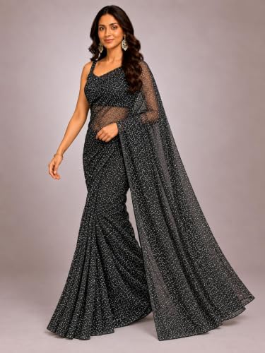 Image of Solid Net Saree for women with Unstitched Blouse