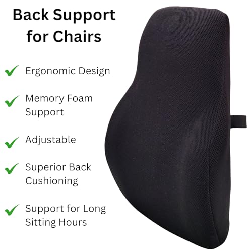 Image of Large Back Support for Office Chair, Universal Size Memory Foam Back Rest for Chairs, Breathable Mesh Fabric with Adjustable Strap, Anti Skid Back Fabric, 47x40x12 cm, 18.5x16x5