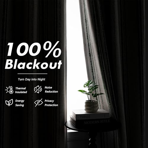 Image of MYSKY HOME Green Striped Curtains 96 Inches Long for Living Room 100% Blackout Linen Farmhouse Green Ticking Stripe Pinstripe Patterned Double Layer Drapes, Grommet, 2 Panels, 52 inch Wide