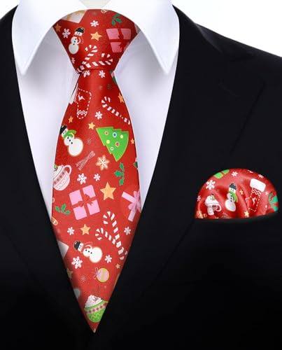 Image of HISDERN Christmas Ties for Men Holiday Tie and Pocket Square Cufflinks Festival Party Xmas Funny Silk Woven Necktie