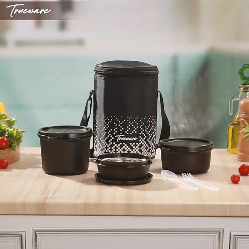 Image of Trueware Omaga Lunch Box with Insulated Fabric Jacket, 3 Microwave Safe & Leak Proof Inner Stainless Steel Containers (1 x 200ml, 1 X 400ml & 1 X 500ml) Tiffin for Office, College