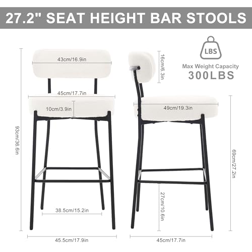 Image of Boucle Bar Stool, 27 inch White Counter Height Barstools with Back and Metal Legs, Upholstered Modern Barstools Chairs for Kitchen Island, Counter, Dining Room