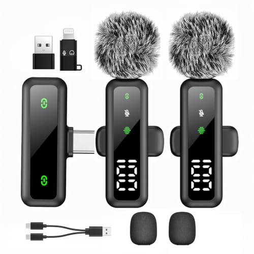 XIXIXIAXIA Kabelloses Lavalier Mikrofon mit LED Anzeige, Mini Mikrofon Clip on Mikrofon mit Rauschunterdrückung, für Videoaufnahmen/Tiktok/YouTube/Vlog/Podcast/Content Ersteller (schwarz)