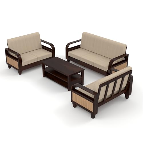 Image of Sheesham Wooden 7 Seater Sofa for Living Room | Solid Wood Sofa with Rattan Cane Side Rack | Rosewood Sofa Set for Home & Office | Lounge (Walnut, 3+2+2 Seater)