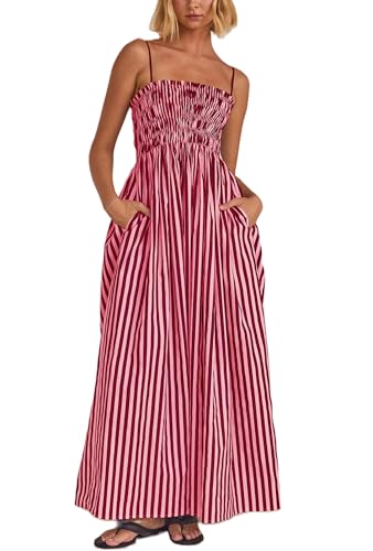 Image of KMBANGI Women Striped Sleeveless Maxi Dress Swing Patchwork Midi Dress Smocked Spaghetti Strap Colorful Long Sundress