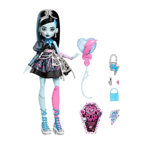 Monster High Poupée Frankie Stein Anniversaire Monstrueusement Mémorable avec robe de fête noire et accessoires à thèmes dont un ballon, un cadeau et un rouge à lèvres, JBG75