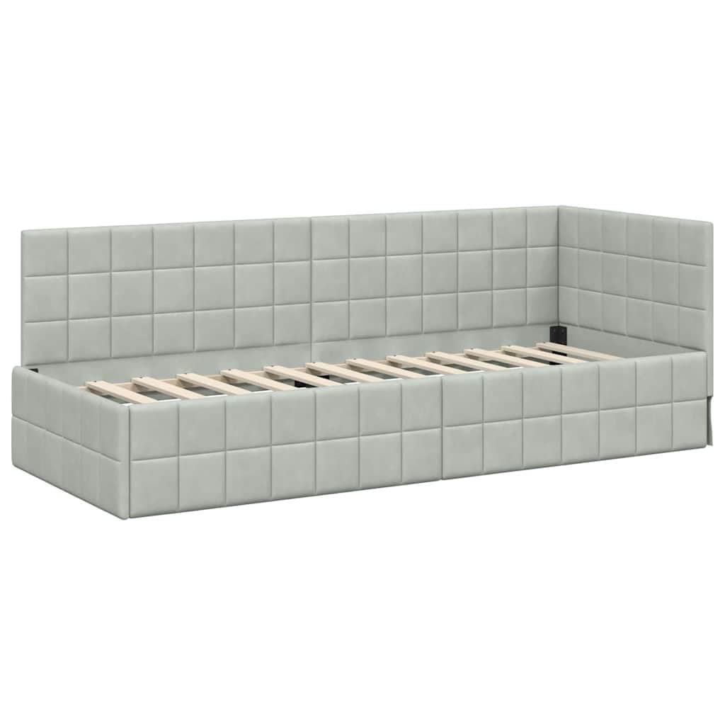 Estructura de cama esquinera gris claro con cabecero de 80 x 200 cm terciopelo en forma de L tapizada con somier para dormitorio, invitados, habitación juvenil, diseño que ahorra espacio