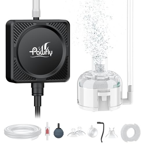 Pawfly Nano Luftpumpe, Ultra-Leiser Mini-Bubbler für 3,8-38 L Fischbecken & Nano-Aquarien, 1,3 W tragbarer Sauerstoff-Aerator mit Schwammfilter, Luftschlauch, Ausströmer & Rückschlagventil, 450 ml/m