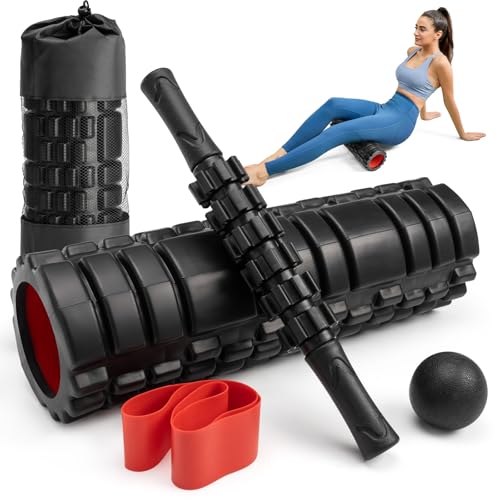 Krightlink 5-in-1 Foam Roller Set, Massage Roller Stick, Massage Ball, Resistance Band for Deep Muscle Massage, Trigger Point Release, Pilates, Yoga (Black-18(5 in 1))