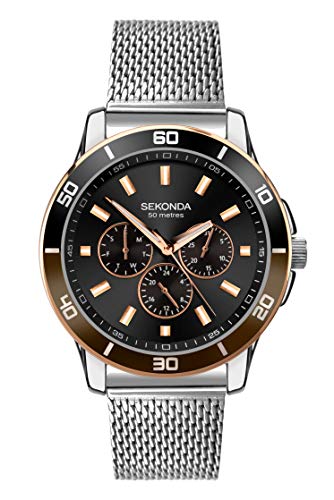 Sekonda Midnight Men's 44mm Quartz Watch in Black with Analogue Day/Date Display, and Silver Stainless Steel Strap 1841