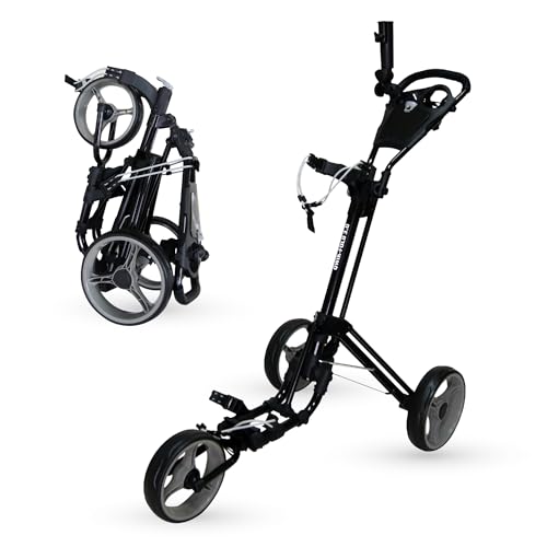 Qwik-Fold 3-Wheel Golf Push Cart with Foot Brake – 1-Second Fold & Unfold Trolley, Lightweight Aluminum Frame, Adjustable Handle, Smooth Ball-Bearing Wheels, Umbrella Holder & Storage - Black/Charcoal