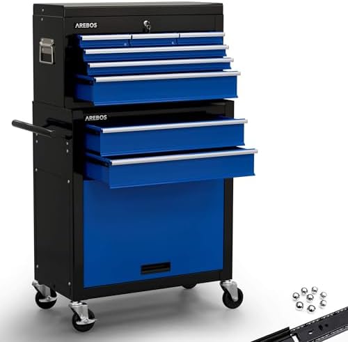 Bild 9 - Arebos Werkstattwagen 9 Fächer | inkl. Antirutschmatten | Kofferaufsatz mobil & herausnehmbar | zentral abschließbar | kugelgelagert | inkl. Feststellbremsen | Schwarz