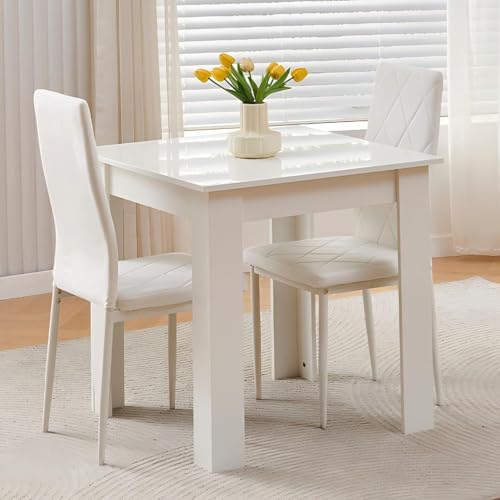 Homullel 75x75 cm Kleiner Esstisch mit 2 Stühlen Esszimmer Set für 2 Personen Kleiner Essgruppe für Küche Esszimmer Platzsparend (Flanell Weiß #2 Weißer Tisch mit 2 Sitzen)