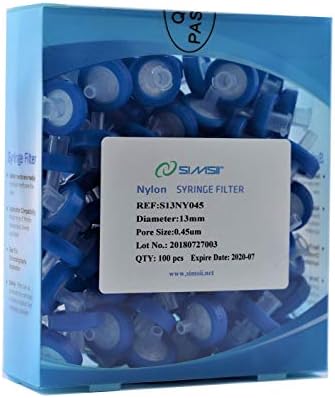 Simsii Syringe Filter, Nylon Membrane Lab Disc, Diameter 13 mm, Micron Pore Size 0.45 um, Pack of 100