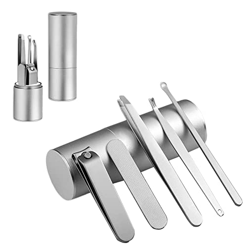 爪切りセット 爪切りセット ステンレススチール マニキュアキット ネイルファイルとキューティクルプッシャー 眉クリップとイヤースプーン ネイルケアセット マニキュア&ペディキュア用ケース付き 5個セット (シルバー)