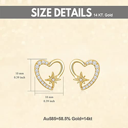 14K Solid Gold Star Heart Earrings For Women Cubic Zirconia Stud Earrings For Girls，Gifts For Valentine's/Anniversary/Mother's Day #TOP4