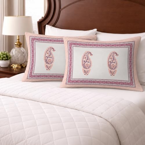 Image of ElanorHomes 180 TC Pure Cotton Pillow Covers Set of 2, Bedroom Pillows with Zip Closure, Soft Smooth Cool Breathable Pillowcases for Home (Pink Paisley Glow)