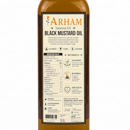 Image of Sarsona Oil Arham Sarsona Black Mustard Oil 1L | Cold Pressed Kachi | Ghani Sarson Ka Tel | 100% Pure, Unrefined, Lab Tested | No Chemicals, No Preservatives | Rich in Omega 3 & 6 | Pack of 1