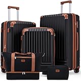 KUNEL Expandable 5 Piece Luggage Sets with Detachable Spinner Wheels and TSA Lock, Unisex Hardside ABS Suitcase Set, Hardshell Lightweight Waterproof Travel Hard Case Suitcases with Wheels, Black