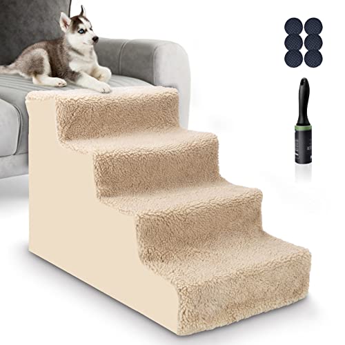 Myiosus Dog Steps for Bed/Sofa, 4-Step Pet Stairs with Washable Cover, Easy Climb Dog Ramp Steps, Non-slip Puppy Ladder for Small Dogs and Cats, 60 x 35 x 40cm