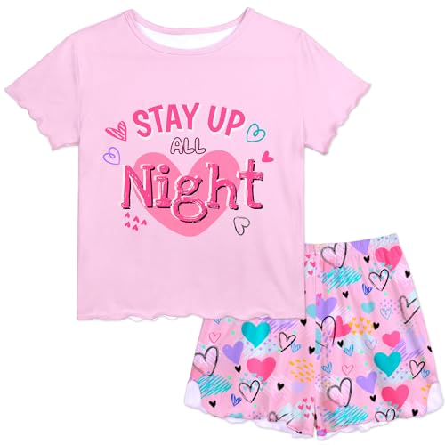 Play Tailor Girls Pajamas for Toddler Ruffled Kids Pajamas Set Short Sleeves Summer Pjs Sleepwear for Girl Light Pink(Shirt & Short Set) 7-8Y