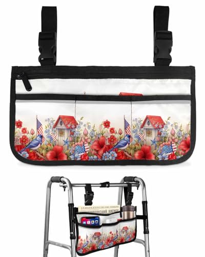 4th of July Wheelchair Side Bag, Garden Flower Birds Stripes Stars Flag Wheelchair Walker Armrest Bags with Cup Holder & Reflective Stripes, Mobility Scooter Walker Rollator Wheelchair Accessories