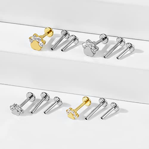 Belezadosas 16G G23 Titanium Cartilage Earrings Stud Flat Back Dog Paw Cartilage Piercing Jewelry Internally Threaded Medusa Piercing Short Bar Long Bar (Medium Silver Paw) #TOP2