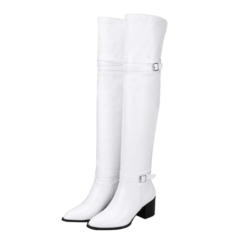 Happyyami Woman Thigh High Boots White Thigh High Single Sole Stiletto Boot Over The Knee Pull on Slouchy Boots Chunky Block Heel Boots for Women Girls Autumn Winter Boot 8
