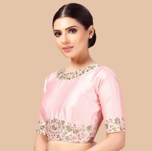 Image of Studio Shringaar Women's Readymade Art Silk Embroidered Saree Blouse with Elbow Length Sleeves